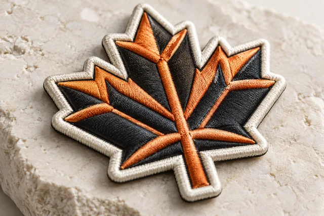 A finished embroidered patch with clearly raised foam-puff satin stitched bold geometric design