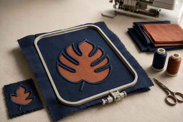 Apliqué de hoja en tela terracota bordado sobre tela azul marino