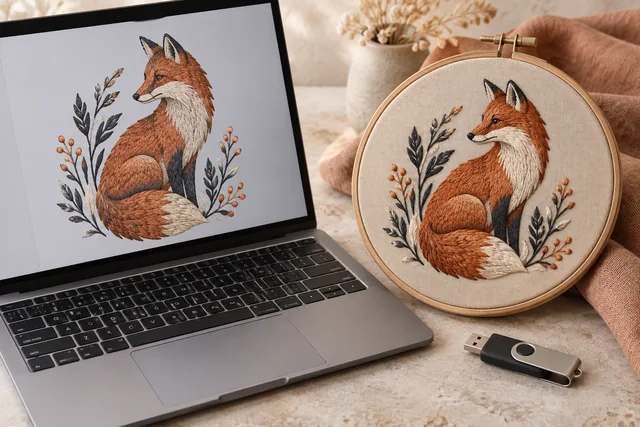 Una laptop con una vista previa abstracta de puntadas de bordado junto a una muestra bordada en bastidor y una memoria USB, sin texto de interfaz inventado