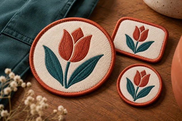 Insignias bordadas coordinadas para uniformes de una empresa ficticia, sin marcas de ninguna empresa real
