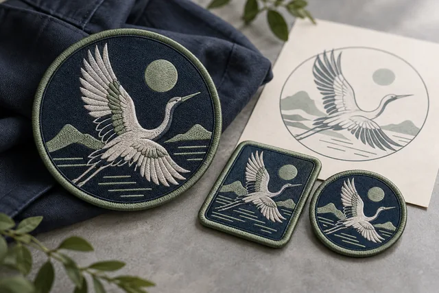 Insignias bordadas coordinadas para uniformes de una empresa ficticia, sin marcas de ninguna empresa real