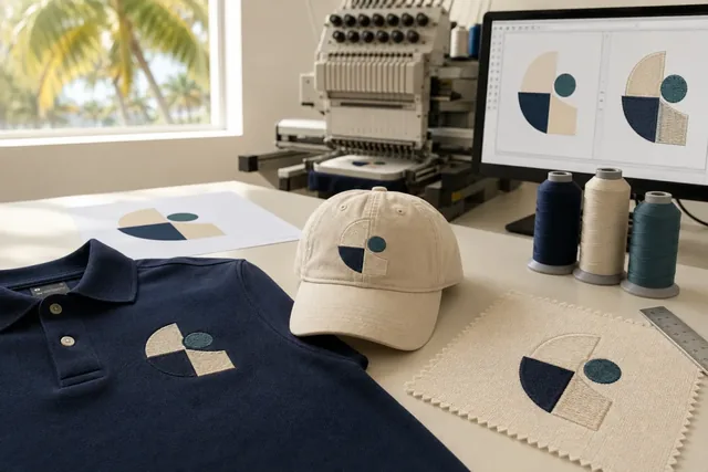 Arte de bordado geométrico, gorra y polo junto a una máquina multiaguja