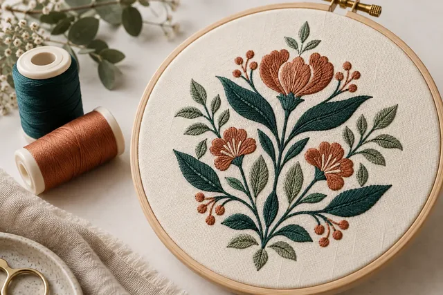 Broderie botanique réalisée en fil bleu sarcelle et terracotta sur un tissu crème, dans un tambour