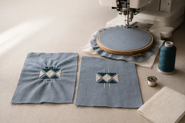 Échantillons de points sur tissu à côté d’un tambour et d’une machine à broder