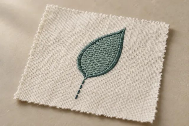 Hoja verde azulado rellena con puntadas planas sobre un retazo de tela color crema