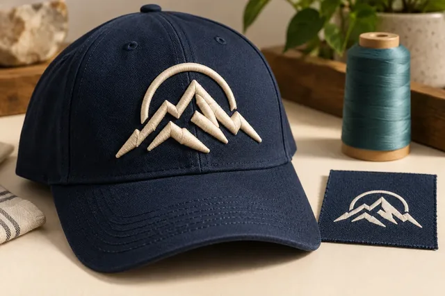Casquette bleu marine avec une broderie de montagne en relief à côté d’un échantillon de tissu assorti en broderie plate