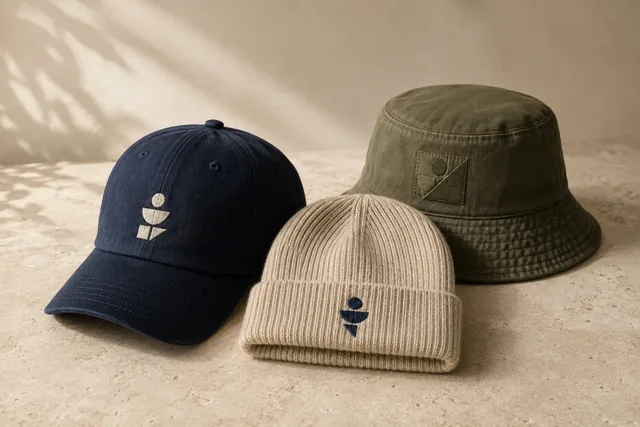 Embroidered cap, knit beanie and bucket hat samples