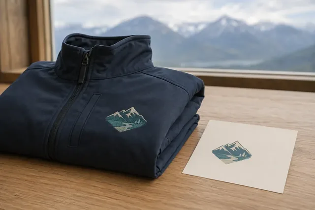 Gesticktes Bergemblem auf einer gefalteten marineblauen Jacke mit Reißverschluss