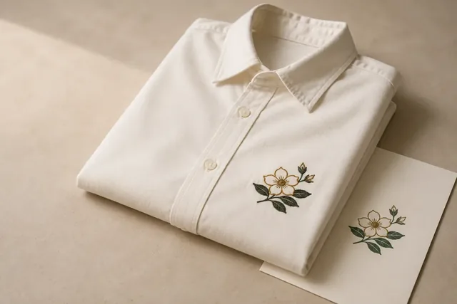 Floral emblem embroidered on a cream button-down shirt