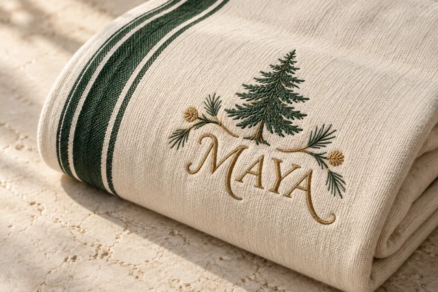 O nome fictício MAYA bordado diretamente em uma peça de tecido de algodão, em letra cursiva refinada, sem patch e sem adesivos