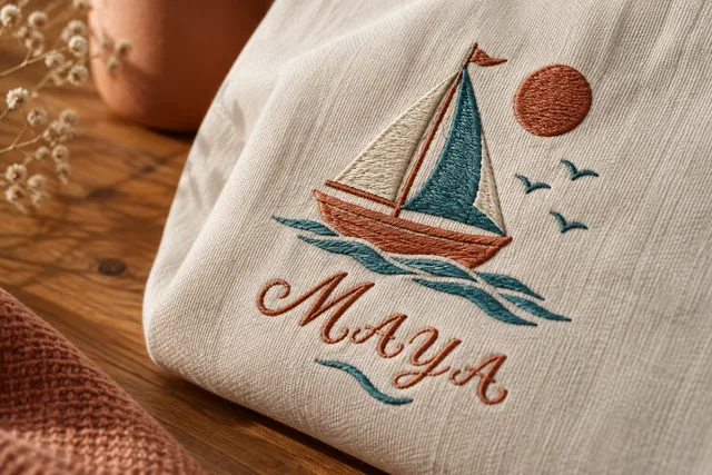 O nome fictício MAYA bordado diretamente em uma peça de tecido de algodão, em letra cursiva refinada, sem patch e sem adesivos
