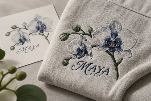 O nome fictício MAYA bordado diretamente em uma peça de tecido de algodão, em letra cursiva refinada, sem patch e sem adesivos
