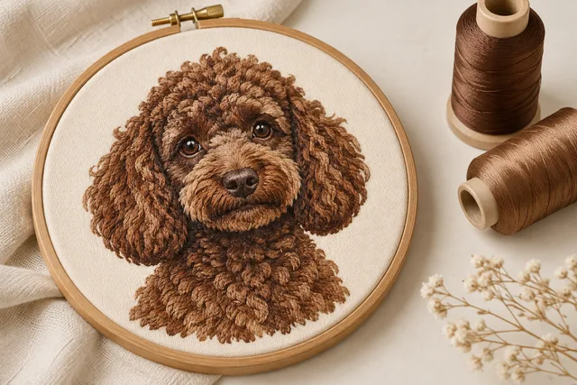 Illustrative machine-embroidered portrait of a curly-haired poodle on cream fabric