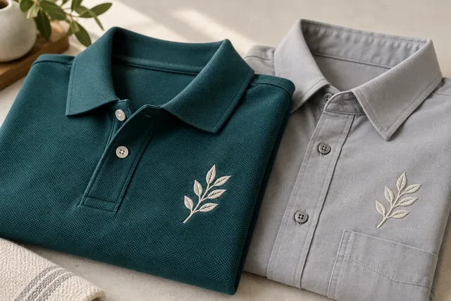 Emblèmes de feuille brodés sur un polo bleu sarcelle et une chemise de travail grise