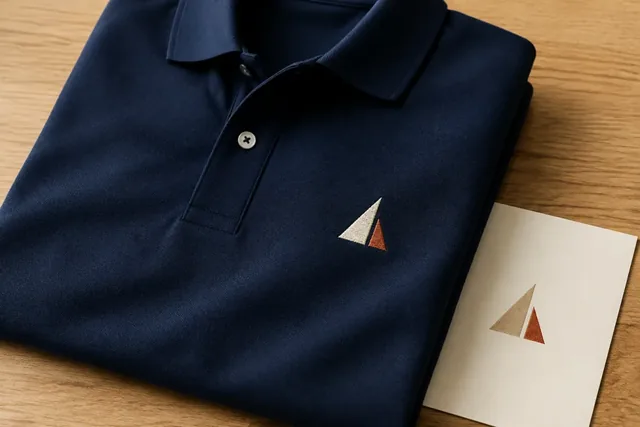 Bordado de logotipo triangular pequeño en un polo azul marino doblado