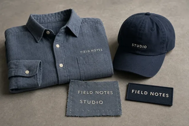 Petit lettrage brodé sur une chemise de travail, une casquette et des échantillons de tissu