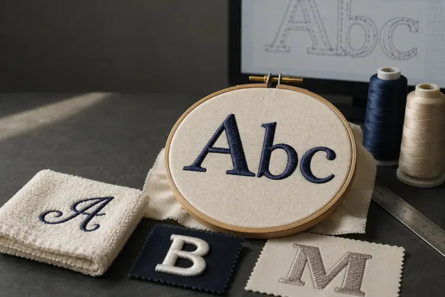 Lettres brodées dans un tambour à côté d’échantillons d’alphabet