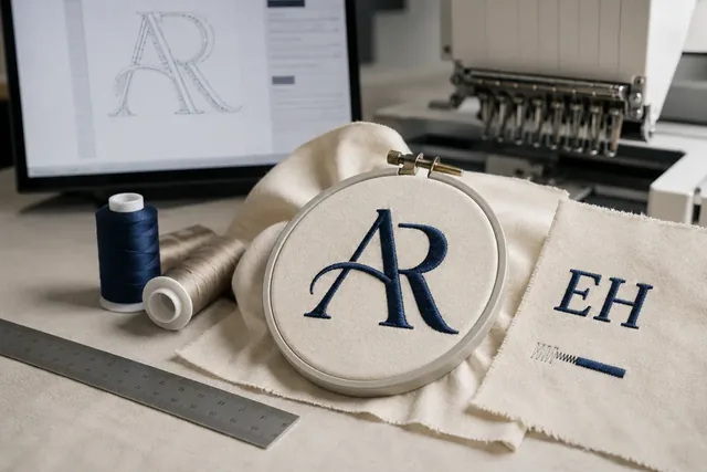 Échantillons de broderie des monogrammes AR et EH à côté d’un écran de conception