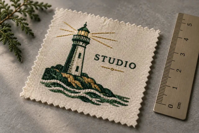 Texte brodé minuscule mais lisible indiquant STUDIO sur un échantillon de tissu, avec une règle pour donner l’échelle