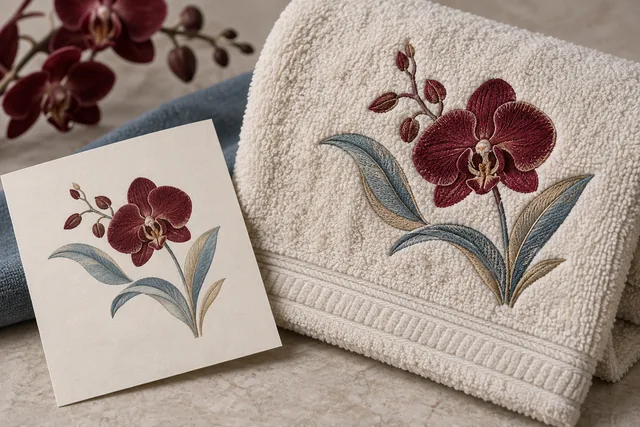 Terrycloth towel with a crisp embroidered monogram or botanical motif, towel loops and stitches visible