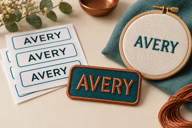 A comparison arrangement of printed name labels reading avery, a separate embroidered name patch reading avery, and a small stitched name sample still inside an embroidery hoop