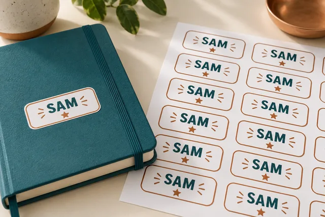 A close-up of printed personalized name stickers reading sam on a sheet of intact white backing, beside a labeled notebook