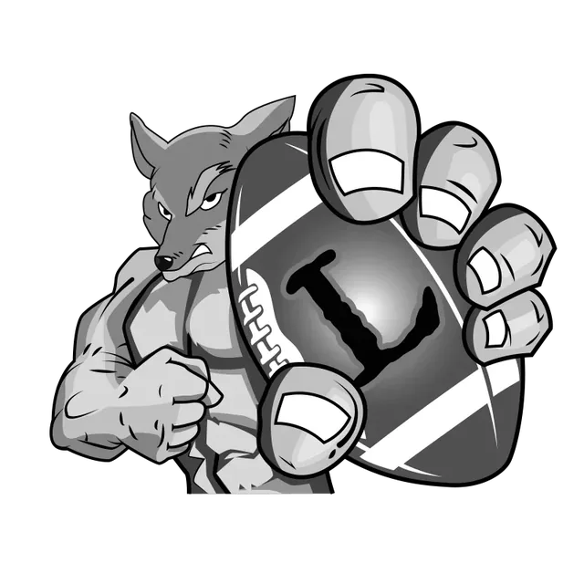 Illustration d’une mascotte loup gris tenant un ballon de football américain
