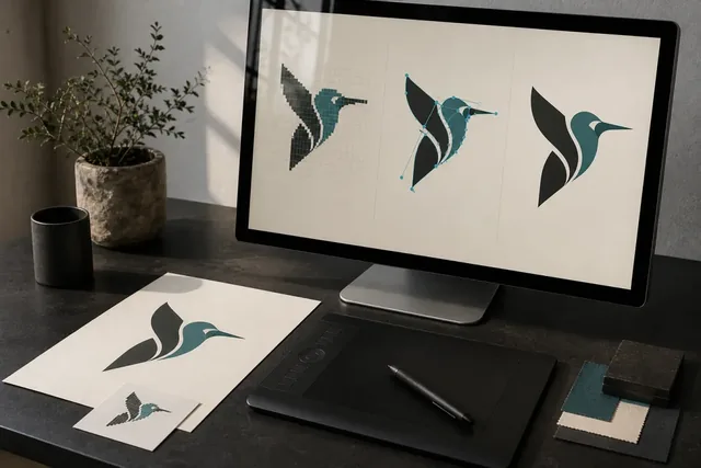 Visuel d’oiseau affiché sous forme de formes vectorielles nettes sur un écran et sur papier