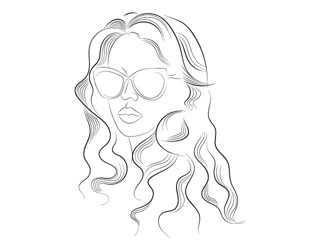 Portrait au trait noir fin d’une femme portant des lunettes de soleil