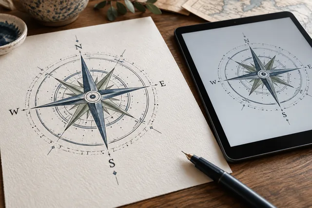 رسم أصلي أنيق بخطوط دقيقة على ورق ولوح رقمي، بمنحنيات سوداء دقيقة ومساحات بيضاء سلبية