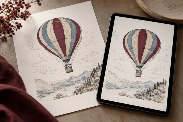 رسم أصلي أنيق بخطوط دقيقة على ورق ولوح رقمي، بمنحنيات سوداء دقيقة ومساحات بيضاء سلبية