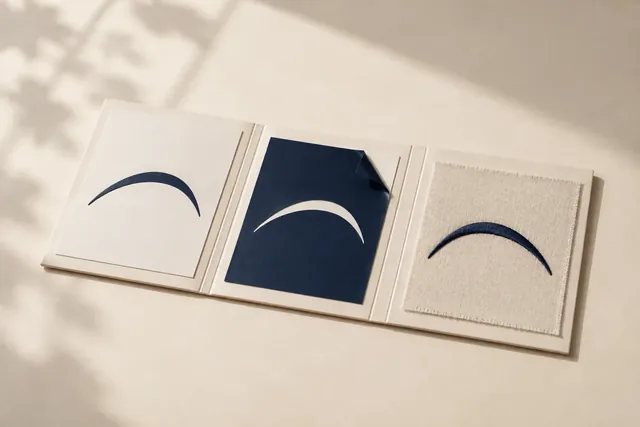 Clean curved logo artwork in three contrasting print treatments