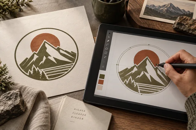 An original geometric emblem being rebuilt as clean vector curves on a drawing tablet beside a printed master