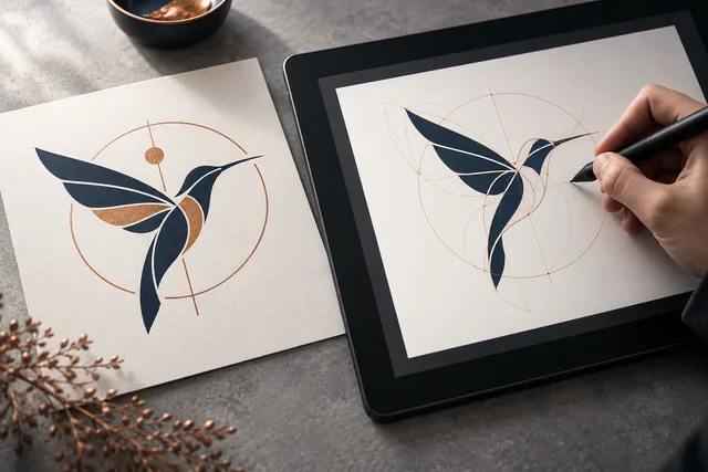 An original geometric emblem being rebuilt as clean vector curves on a drawing tablet beside a printed master