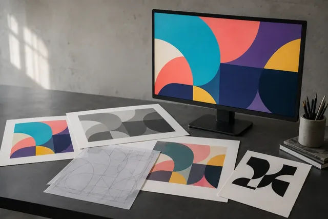 Geometric color artwork and separated print shapes at a vector design desk