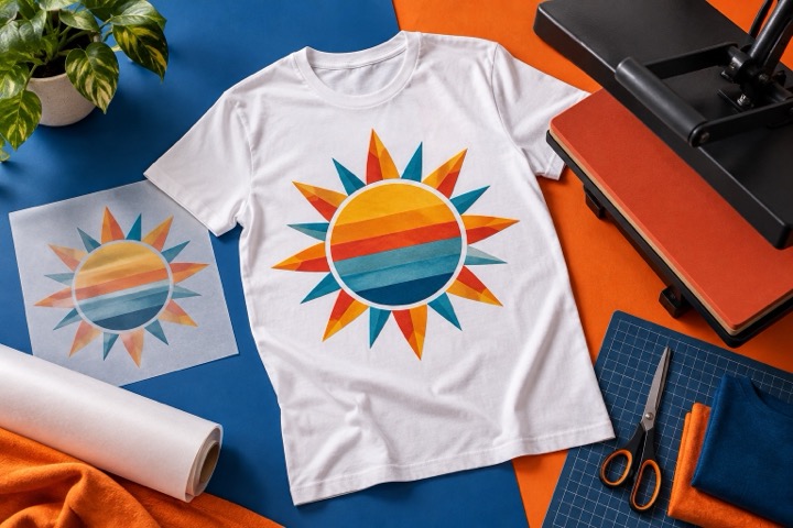 Topic illustration: Print on demand T shirt and transfer supplies beside a heat press