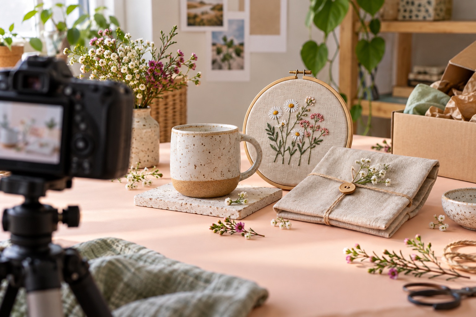 Topic illustration: Handmade product photography setup with a linen pouch and embroidery