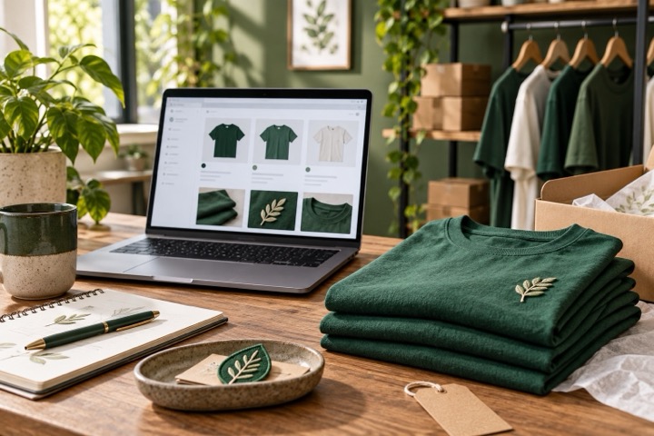 Topic illustration: Independent online apparel shop workspace with green T shirts