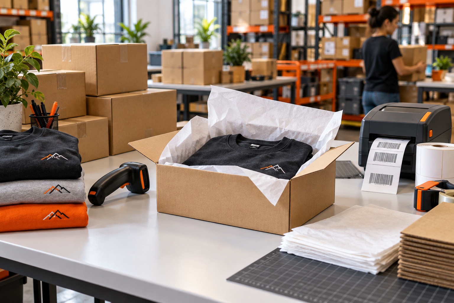 Topic illustration: Apparel order packing station with shipping boxes and a label printer