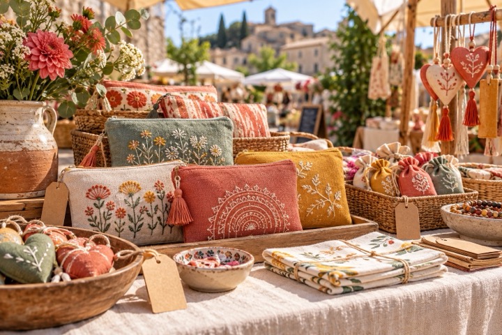 Topic illustration: Colorful embroidered goods displayed at a handmade craft market
