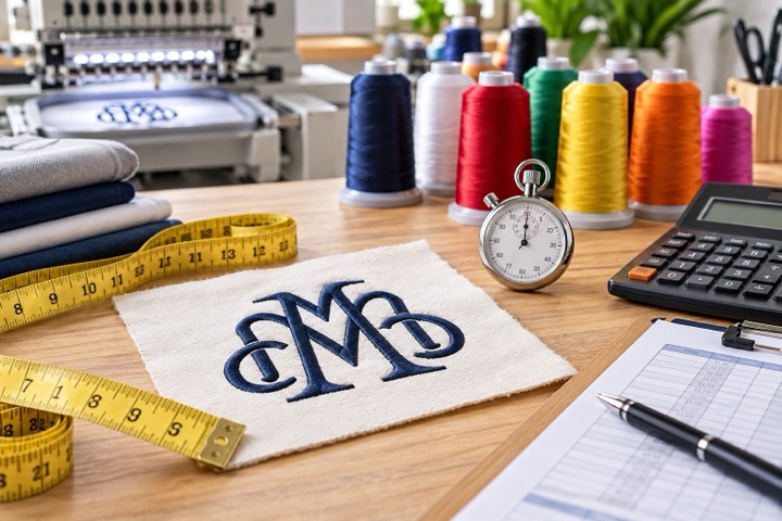 Topic illustration: Embroidery samples, thread and costing tools arranged on a worktable