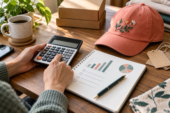 Topic illustration: Maker reviewing an advertising budget beside an embroidered cap
