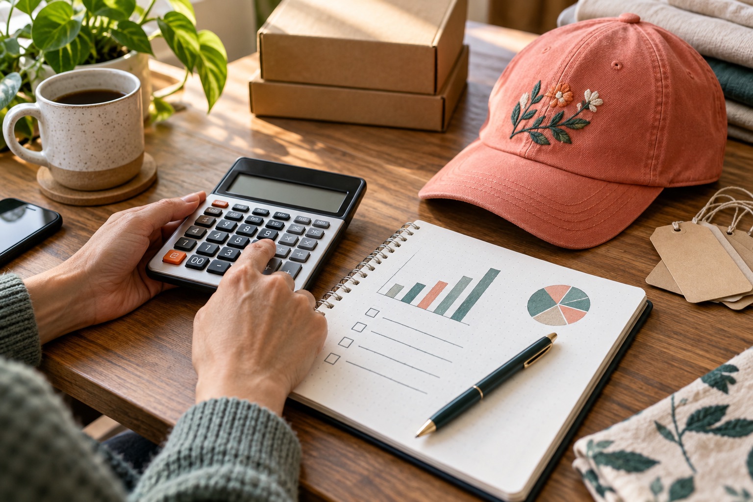 Topic illustration: Maker reviewing an advertising budget beside an embroidered cap