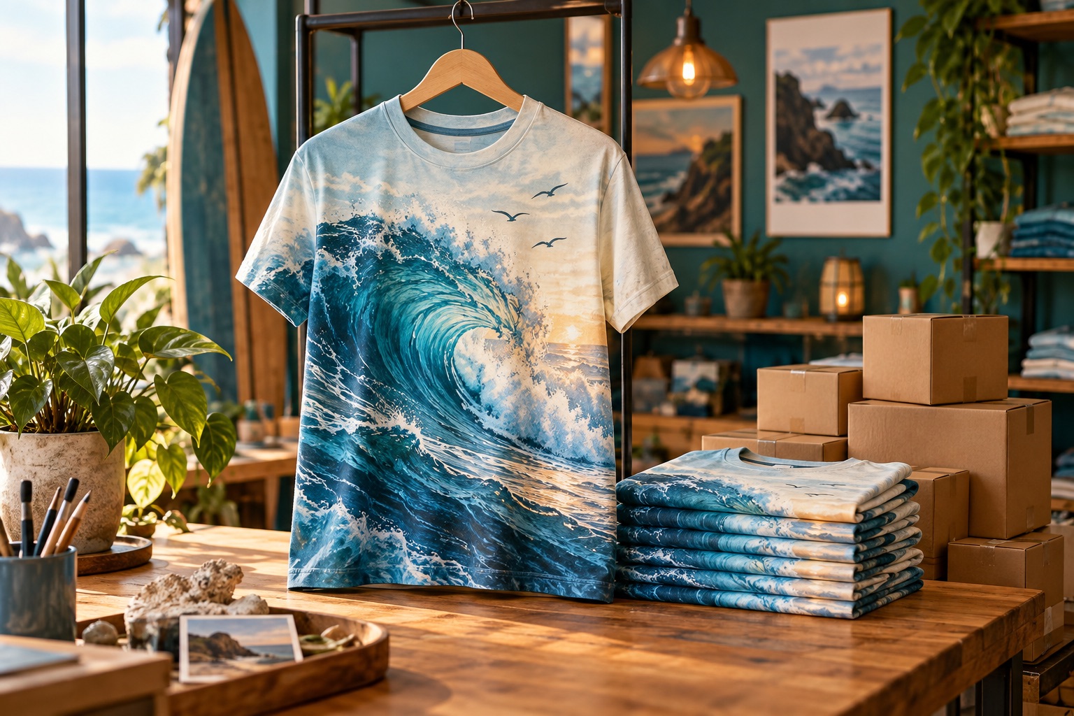 Topic illustration: Ocean-wave T shirt displayed with matching apparel and shipping boxes