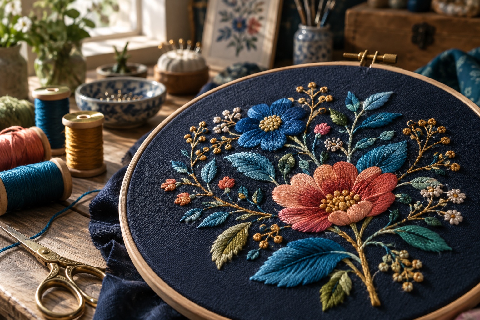Illustrative close-up of colorful botanical embroidery in a hoop