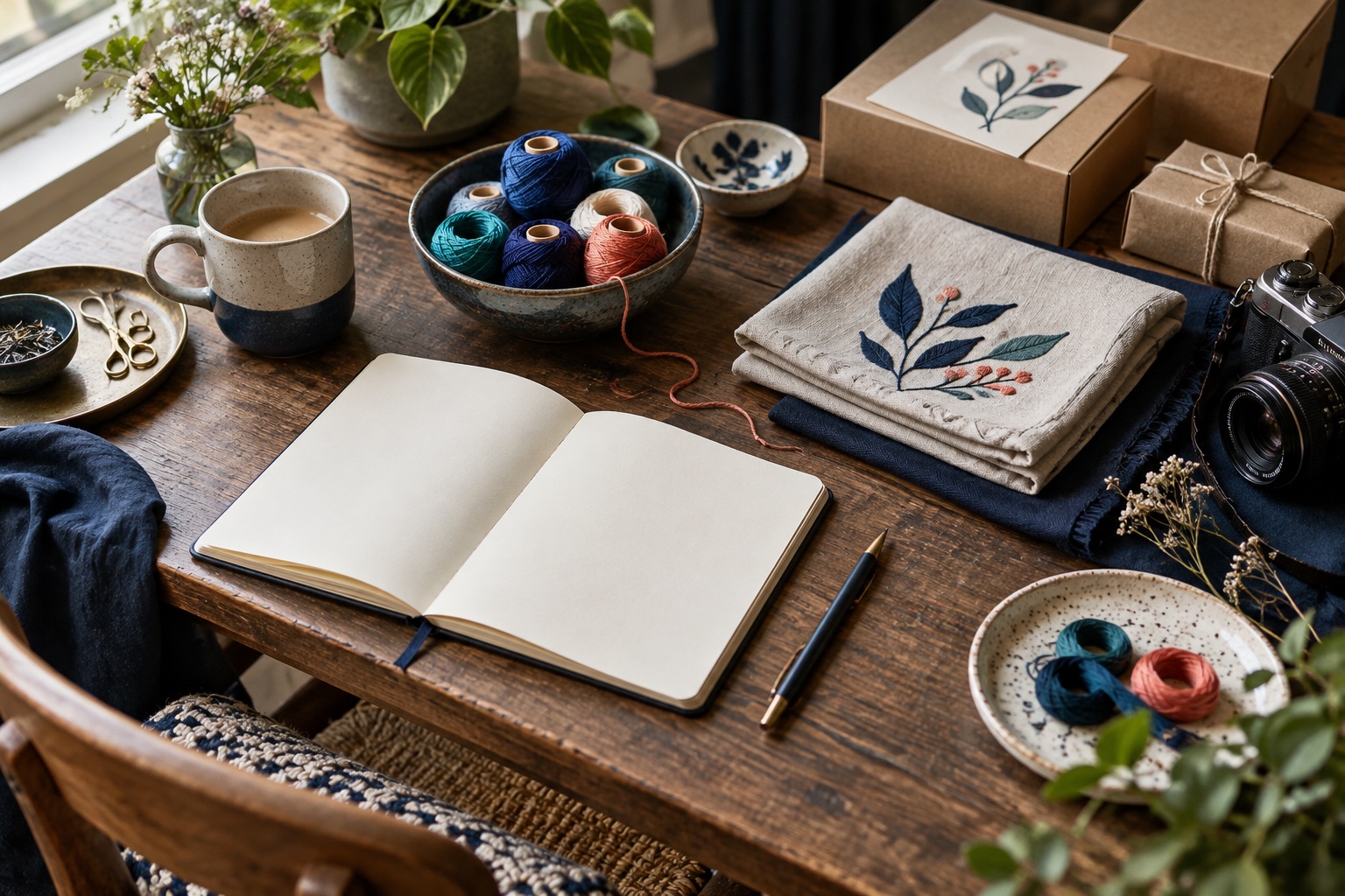 Illustrative maker workspace with a notebook, thread, embroidered fabric and packaging