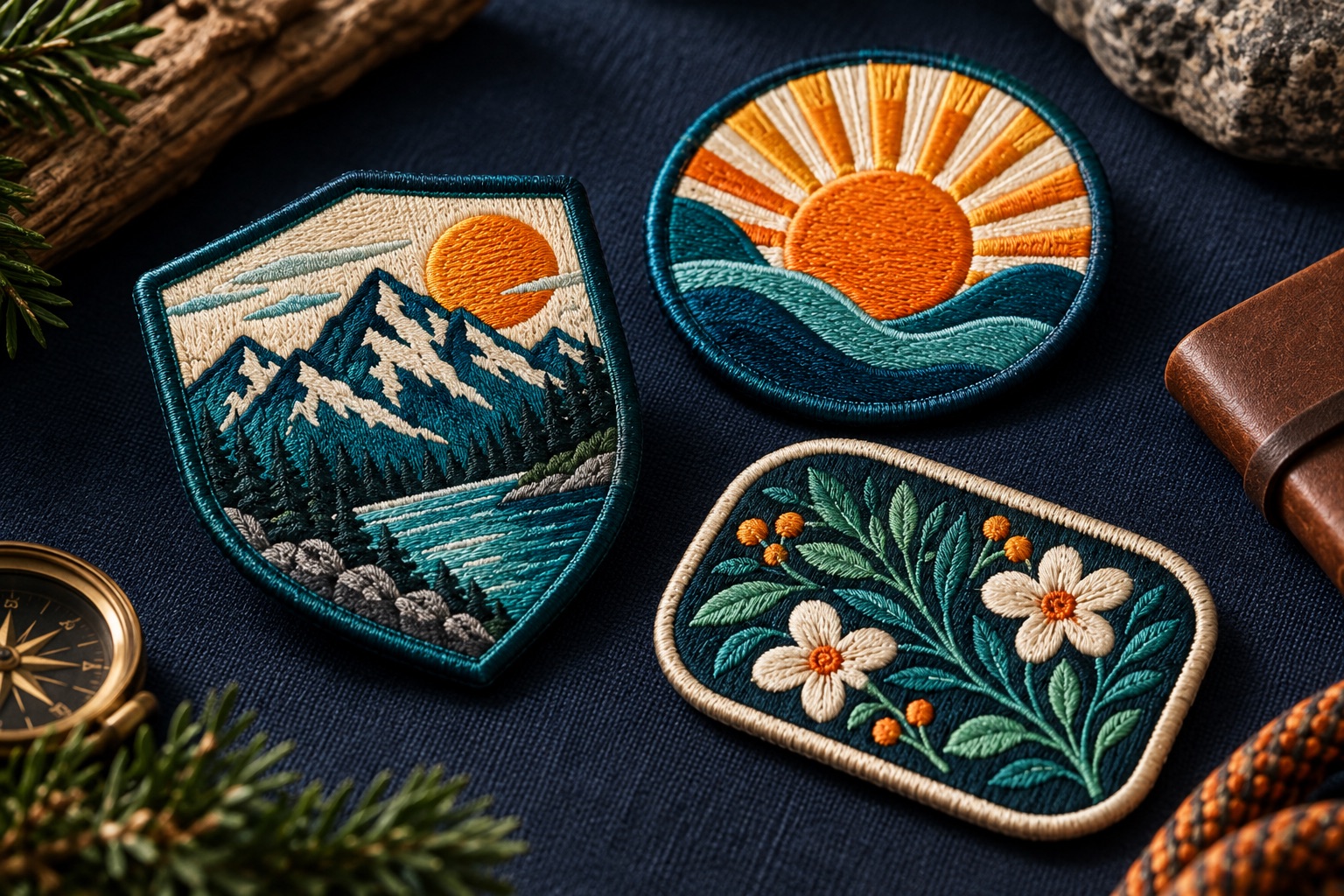 Illustrative embroidered mountain, sun and botanical patches on navy fabric
