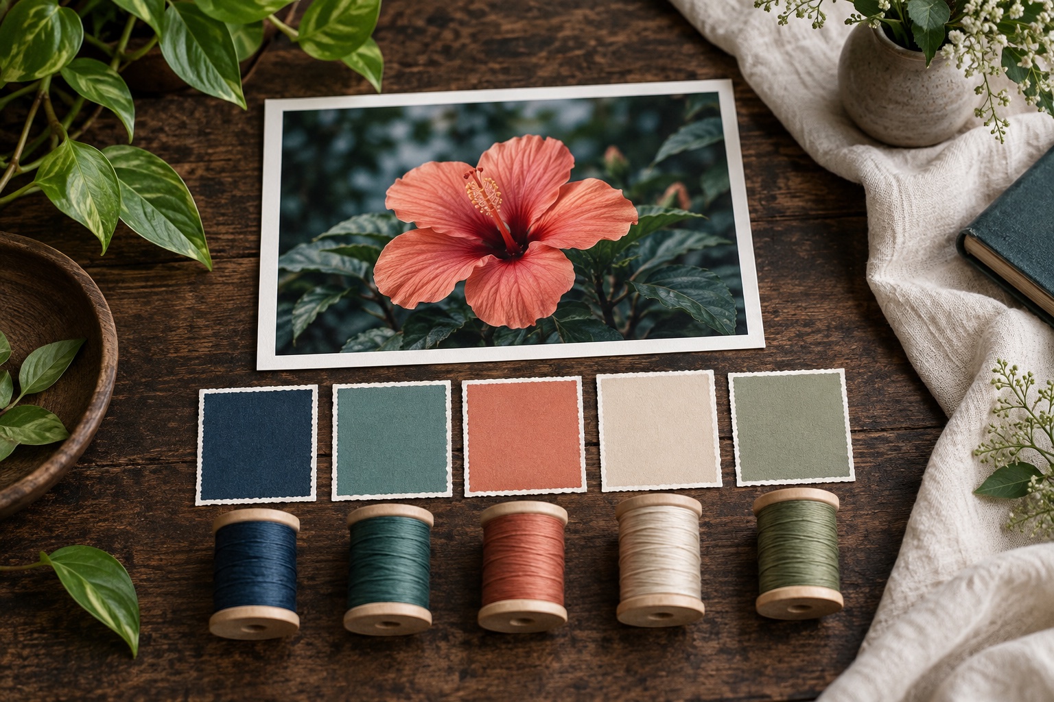 Photo with extracted color swatches and matching embroidery threads