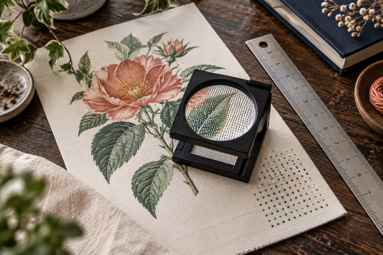 Printed artwork inspected with a loupe and precision ruler