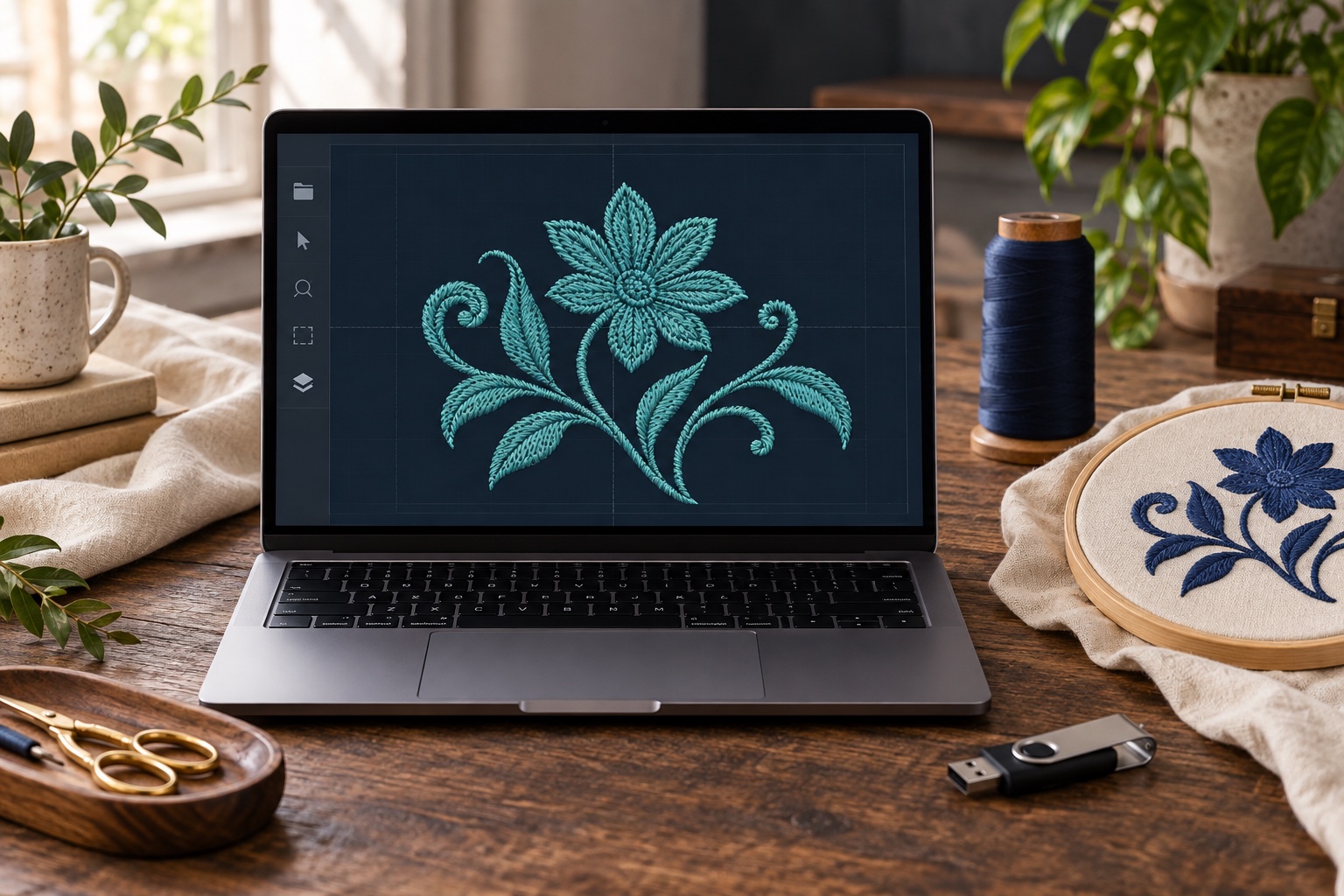 Digital embroidery stitch path displayed beside a hoop and thread